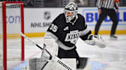 Dec 28, 2024; Los Angeles, California, USA; Los Angeles Kings goaltender Darcy Kuemper (35) defends the goal against the Edmonton Oilers during the first period at Crypto.com Arena. 