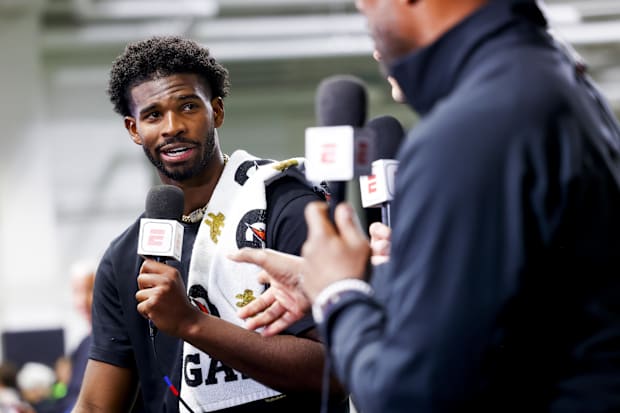 Apr 4, 2025; Boulder, CO, USA; Colorado Buffaloes quarterback Shedeur Sanders (2) talks to ESPN after the University of Color