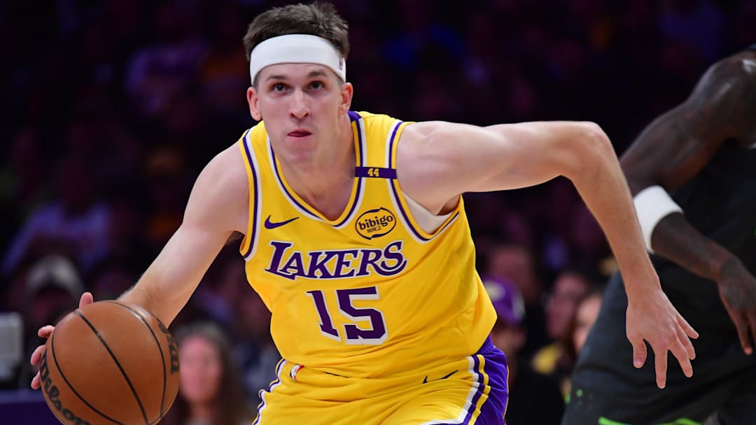 Los Angeles Lakers guard Austin Reaves moves to the basket against the Minnesota Timberwolves during the 2025 NBA Playoffs.