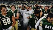 Oct 26, 2024; Fort Collins, Colorado, USA;  Colorado State Rams head coach Jay Norvell celebrates his team’s 17-6 victory over the New Mexico Lobos at Sonny Lubick Field at Canvas Stadium. Mandatory Credit: Michael Madrid-Imagn Images