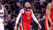 Apr 19, 2024; New Orleans, Louisiana, USA;  New Orleans Pelicans center Jonas Valanciunas (17) looks on against Sacramento Kings forward Harrison Barnes (40) in the second half during a play-in game of the 2024 NBA playoffs at Smoothie King Center. 