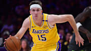 Los Angeles Lakers guard Austin Reaves moves to the basket against the Minnesota Timberwolves during the 2025 NBA Playoffs.