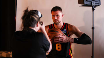 Sep 29, 2025; Atlanta, GA, USA; Atlanta Hawks center Kristaps Porzingis (8) poses for a photo at media day. Mandatory Credit: Brett Davis-Imagn Images