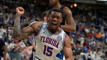 Mar 23, 2025; Raleigh, NC, USA; Florida Gators guard Alijah Martin (15) reacts after scoring in the second half at Lenovo Center. Mandatory Credit: Bob Donnan-Imagn Images