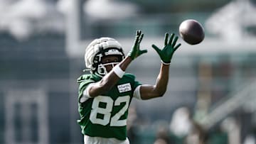 Jul 25, 2025; Florham Park, NJ, USA; New York Jets wide receiver Arian Smith (82) participates in a drill during training camp at Atlantic Health Jets Training Center. Mandatory Credit: John Jones-Imagn Images