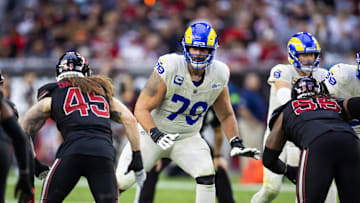 Nov 26, 2023; Glendale, Arizona, USA; Los Angeles Rams offensive tackle Rob Havenstein (79) against the Arizona Cardinals at State Farm Stadium. Mandatory Credit: Mark J. Rebilas-Imagn Images