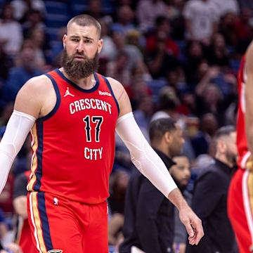 Apr 19, 2024; New Orleans, Louisiana, USA;  New Orleans Pelicans center Jonas Valanciunas (17) looks on against Sacramento Kings forward Harrison Barnes (40) in the second half during a play-in game of the 2024 NBA playoffs at Smoothie King Center. 