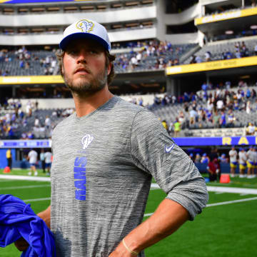 Aug 11, 2024; Inglewood, California, USA; Los Angeles Rams quarterback Matthew Stafford (9) following the game against the Dallas Cowboys at SoFi Stadium. Mandatory Credit: Gary A. Vasquez-USA TODAY Sports