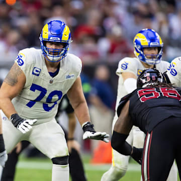 Nov 26, 2023; Glendale, Arizona, USA; Los Angeles Rams offensive tackle Rob Havenstein (79) against the Arizona Cardinals at State Farm Stadium. Mandatory Credit: Mark J. Rebilas-Imagn Images