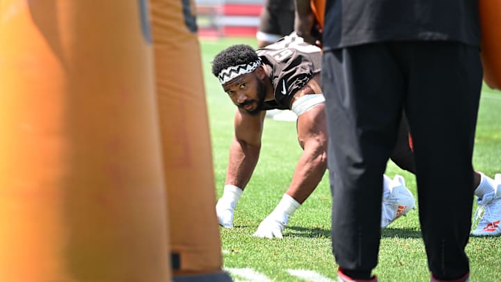 Aug 4, 2024; Cleveland Browns defensive end Myles Garrett (95) during practice at the Browns training facility in Berea, Ohio. Mandatory Credit: Bob Donnan-Imagn Images