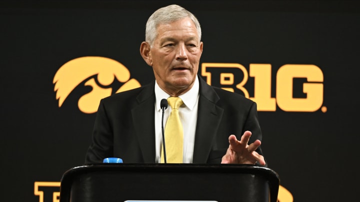 Jul 24, 2024; Indianapolis, IN, USA;  Iowa Hawkeyes head coach Kirk Ferentz speaks to the media during the Big 10 football media day at Lucas Oil Stadium. Mandatory Credit: Robert Goddin-USA TODAY Sports