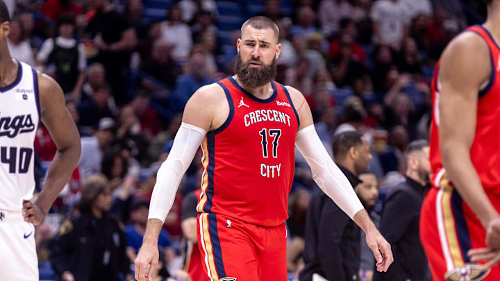 Apr 19, 2024; New Orleans, Louisiana, USA;  New Orleans Pelicans center Jonas Valanciunas (17) looks on against Sacramento Kings forward Harrison Barnes (40) in the second half during a play-in game of the 2024 NBA playoffs at Smoothie King Center. 