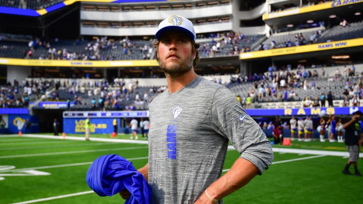 Aug 11, 2024; Inglewood, California, USA; Los Angeles Rams quarterback Matthew Stafford (9) following the game against the Dallas Cowboys at SoFi Stadium. Mandatory Credit: Gary A. Vasquez-USA TODAY Sports