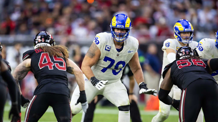 Nov 26, 2023; Glendale, Arizona, USA; Los Angeles Rams offensive tackle Rob Havenstein (79) against the Arizona Cardinals at State Farm Stadium. Mandatory Credit: Mark J. Rebilas-Imagn Images