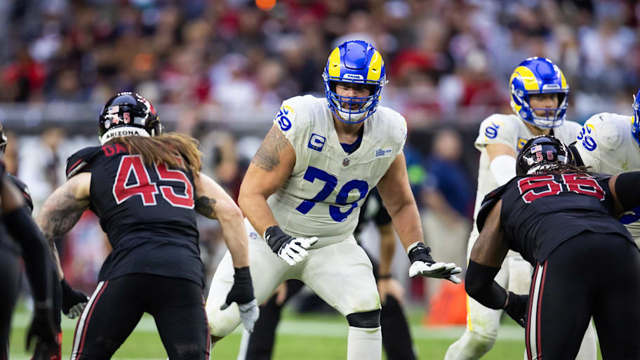 Nov 26, 2023; Glendale, Arizona, USA; Los Angeles Rams offensive tackle Rob Havenstein (79) against the Arizona Cardinals at State Farm Stadium. Mandatory Credit: Mark J. Rebilas-Imagn Images | Mark J. Rebilas-Imagn Images