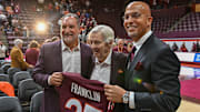 Nov 19, 2025; Blacksburg, VA, USA;  Bud Foster, Frank Beamer and James Franklin after the press conference at Cassell Coliseum. Mandatory Credit: Brian Bishop-Imagn Images