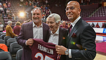 Nov 19, 2025; Blacksburg, VA, USA;  Bud Foster, Frank Beamer and James Franklin after the press conference at Cassell Coliseum. Mandatory Credit: Brian Bishop-Imagn Images