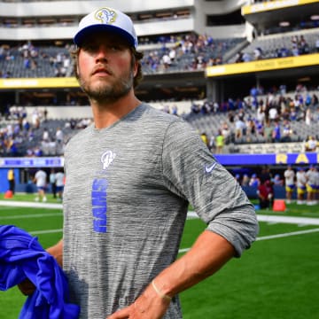 Aug 11, 2024; Inglewood, California, USA; Los Angeles Rams quarterback Matthew Stafford (9) following the game against the Dallas Cowboys at SoFi Stadium. Mandatory Credit: Gary A. Vasquez-USA TODAY Sports