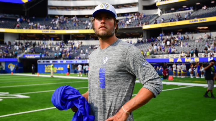 Aug 11, 2024; Inglewood, California, USA; Los Angeles Rams quarterback Matthew Stafford (9) following the game against the Dallas Cowboys at SoFi Stadium. Mandatory Credit: Gary A. Vasquez-USA TODAY Sports