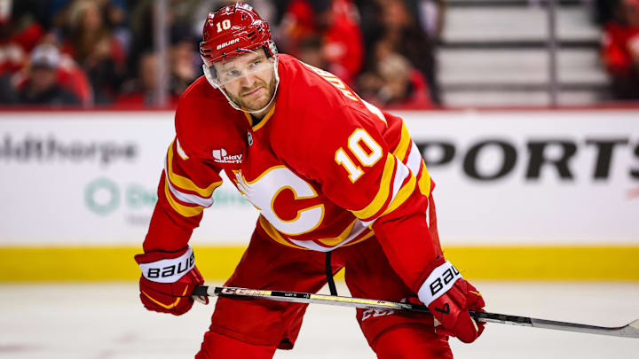 Jan 23, 2026; Calgary, Alberta, CAN; Calgary Flames left wing Jonathan Huberdeau (10) against the Washington Capitals during the second period at Scotiabank Saddledome.