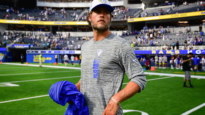 Aug 11, 2024; Inglewood, California, USA; Los Angeles Rams quarterback Matthew Stafford (9) following the game against the Dallas Cowboys at SoFi Stadium. Mandatory Credit: Gary A. Vasquez-Imagn Images