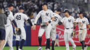 Jun 5, 2024; Bronx, New York, USA; New York Yankees center fielder Aaron Judge (99) celebrates with teammates after the game against the Minnesota Twins at Yankee Stadium. Mandatory Credit: Vincent Carchietta-USA TODAY Sports