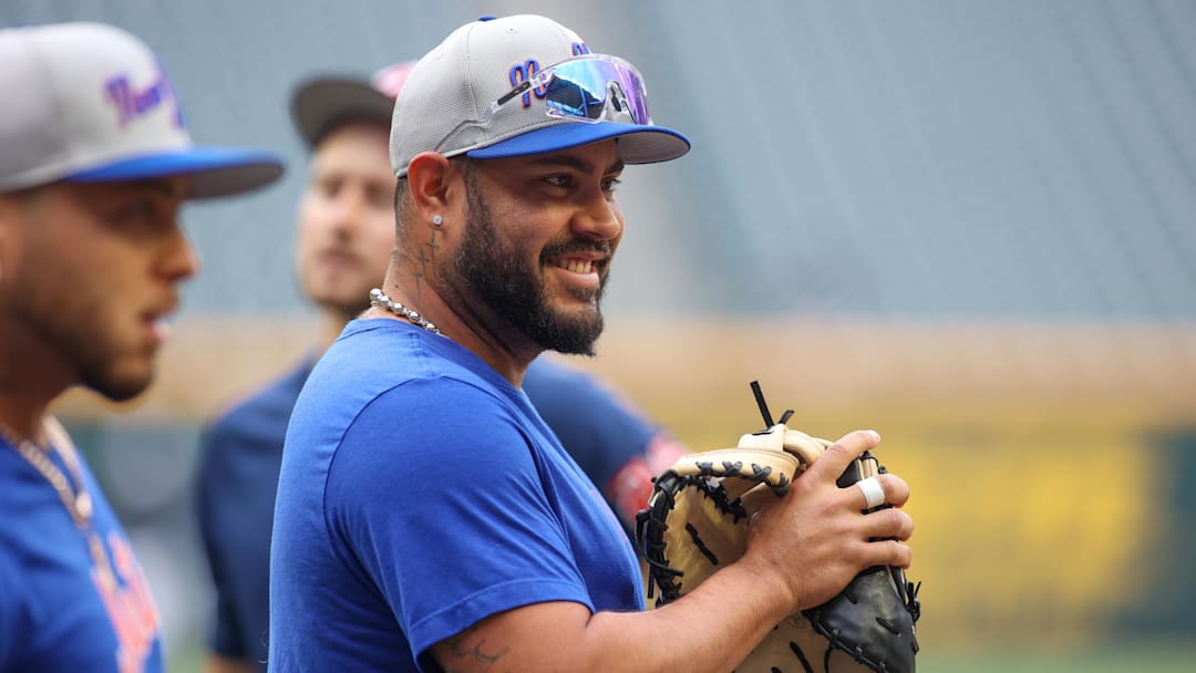Apr 10, 2024; Atlanta, Georgia, USA; New York Mets catcher Omar Narvaez (2) before batting practice at Truist Park. The game against the Atlanta Braves was postponed due to impending weather.