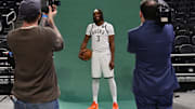 Sep 29, 2025; Milwaukee, WI, USA; Milwaukee Bucks center Myles Turner (3) poses for a picture during Milwaukee Bucks Media Day at the Fiserv Forum.  Mandatory Credit: Benny Sieu-Imagn Images