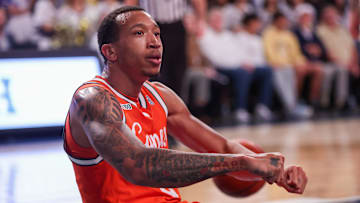 Mar 4, 2025; Atlanta, Georgia, USA; Miami Hurricanes guard Matthew Cleveland (0) reacts after a shot against the Georgia Tech Yellow Jackets in the first half at McCamish Pavilion. Mandatory Credit: Brett Davis-Imagn Images
