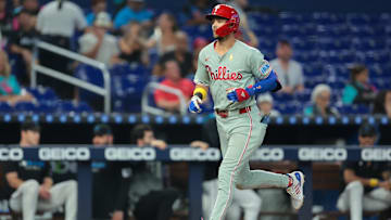 Sep 7, 2025; Miami, Florida, USA; Philadelphia Phillies shortstop Trea Turner (7) circles the bases after hitting a home run against the Miami Marlins during the sixth inning at loanDepot Park. Mandatory Credit: Sam Navarro-Imagn Images