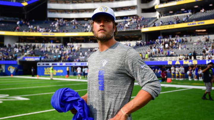 Aug 11, 2024; Inglewood, California, USA; Los Angeles Rams quarterback Matthew Stafford (9) following the game against the Dallas Cowboys at SoFi Stadium. Mandatory Credit: Gary A. Vasquez-USA TODAY Sports