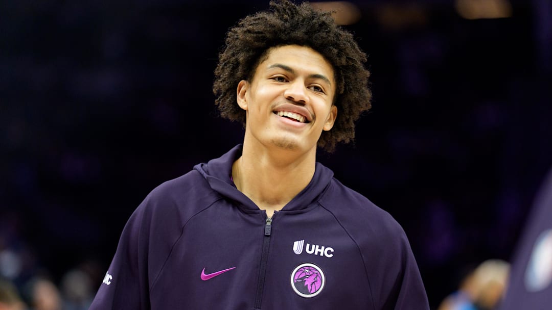 Feb 20, 2026; Minneapolis, Minnesota, USA; Minnesota Timberwolves forward Joan Beringer (19) warms up before a game against the Dallas Mavericks at Target Center.