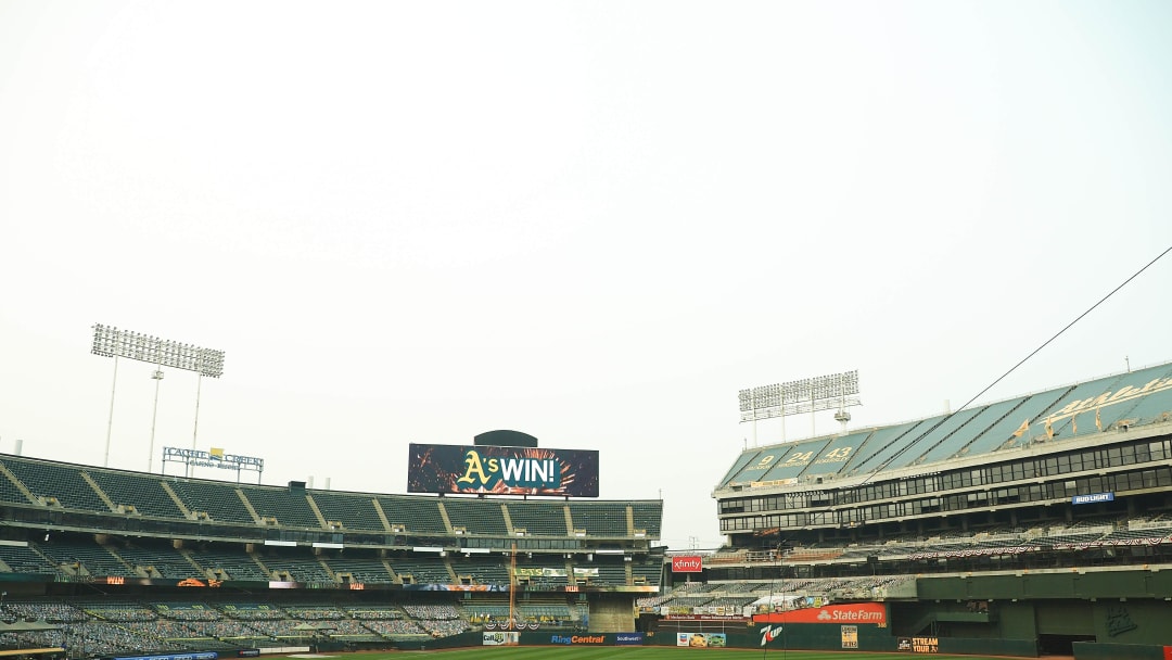 Oct 1, 2020; Oakland, California, USA; The video board displays  A s win!  after the Oakland