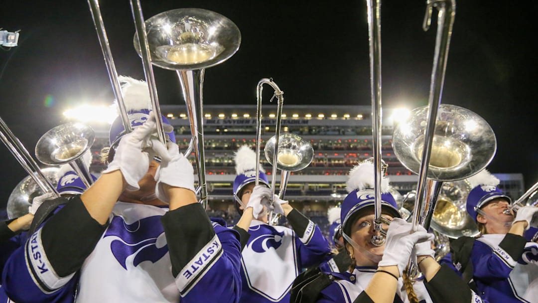 Nov 23, 2024; Manhattan, Kansas, USA; Members of the Pride of Wildcat Land Marching Band perform before a game between the Cincinnati Bearcats and Kansas State Wildcats at Bill Snyder Family Football Stadium. Mandatory Credit: Scott Sewell-Imagn Images