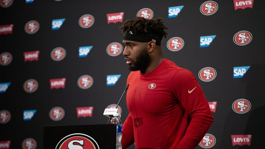 Jun 11, 2025; Santa Clara, CA, USA; San Francisco 49ers defensive end Bryce Huff (47) speaks to the media following a team OTA at Levi's Stadium. Mandatory Credit: D. Ross Cameron-Imagn Images