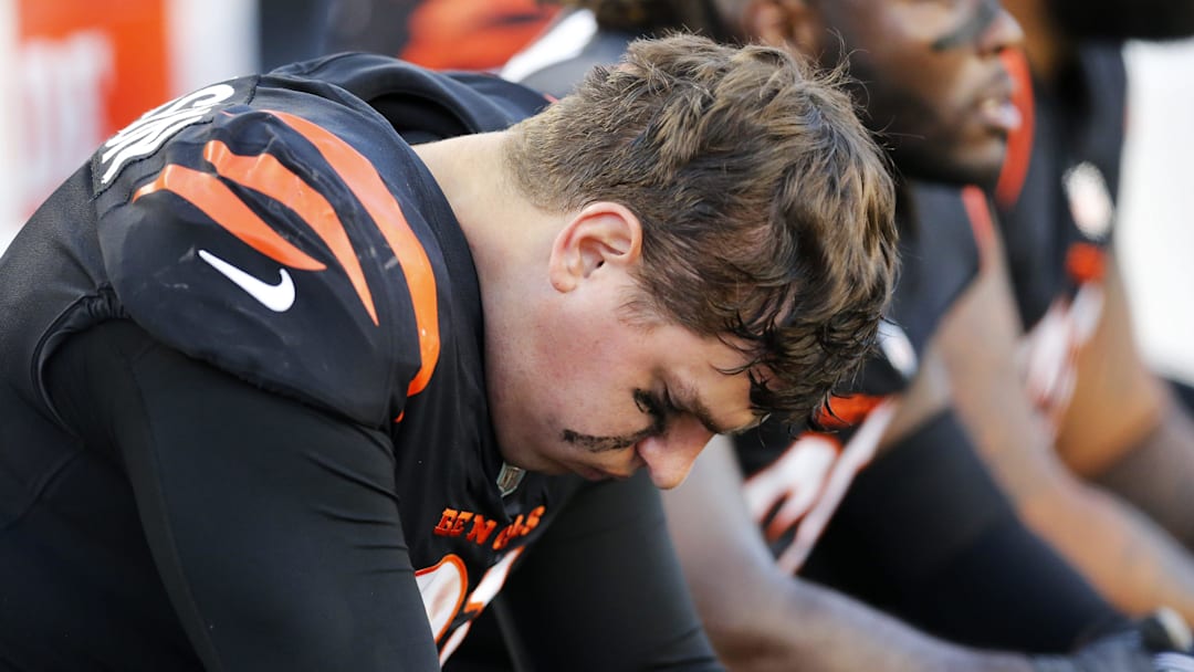 Cincinnati Bengals defensive end Trey Hendrickson (91) hangs his head on the sideline in the fourth quarter of the NFL Week 9 game between the Cincinnati Bengals and the Cleveland Browns at Paul Brown Stadium in Cincinnati on Sunday, Nov. 7, 2021. Cleveland kept a halftime lead to clinch a 41-16 win over the Bengals.