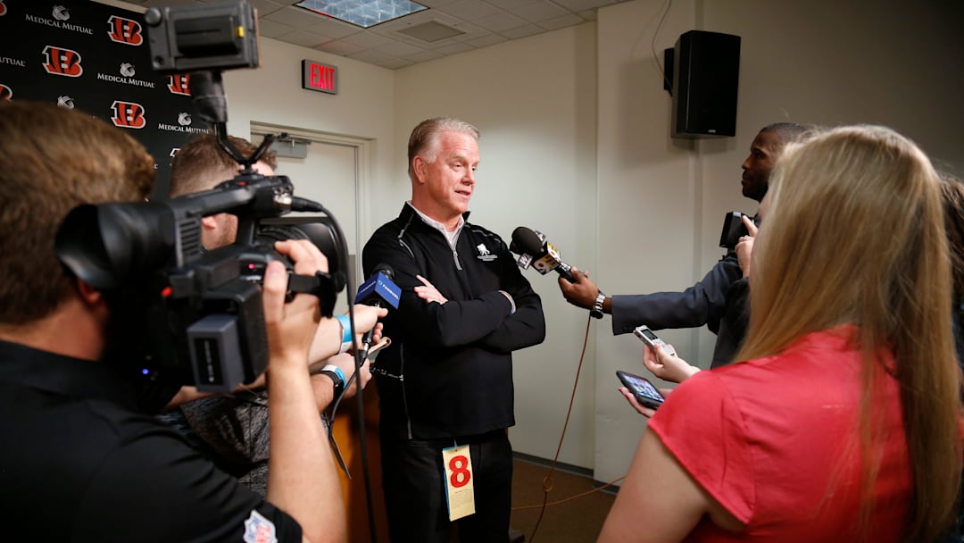 Former Cincinnati Bengals quarterback Boomer Esiason takes questions in an improvised press conference ahead of the Week 13 game between the Bengals and the Pittsburgh Steelers in downtown Cincinnati on Monday, Dec. 4, 2017.