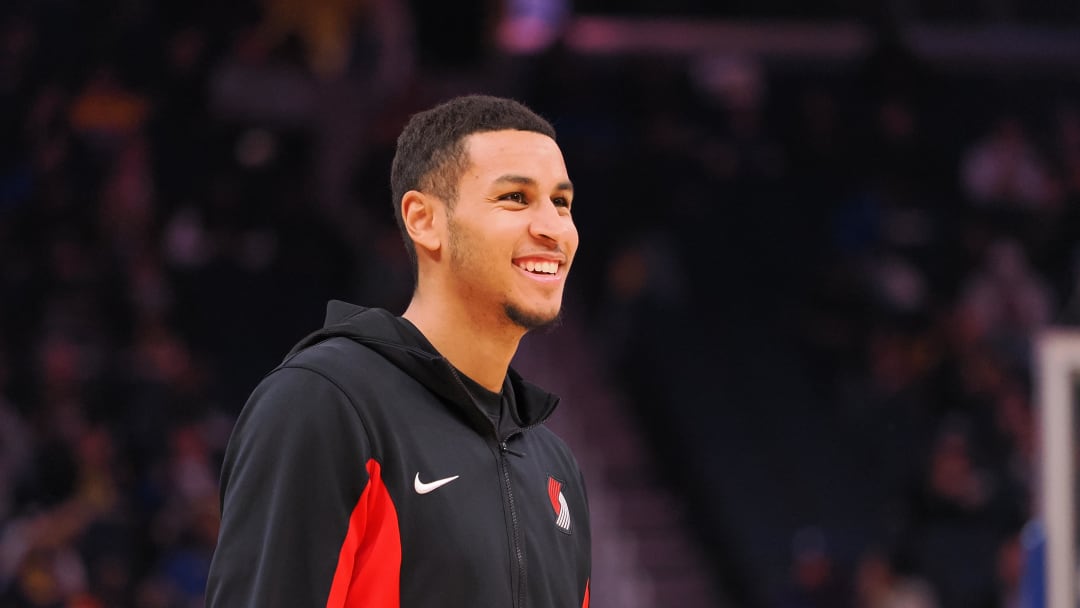 Dec 6, 2023; San Francisco, California, USA; Portland Trailblazers forward Kris Murray (8) smiles during warm ups before the game against the Golden State Warriors at Chase Center. Mandatory Credit: Kelley L Cox-USA TODAY Sports