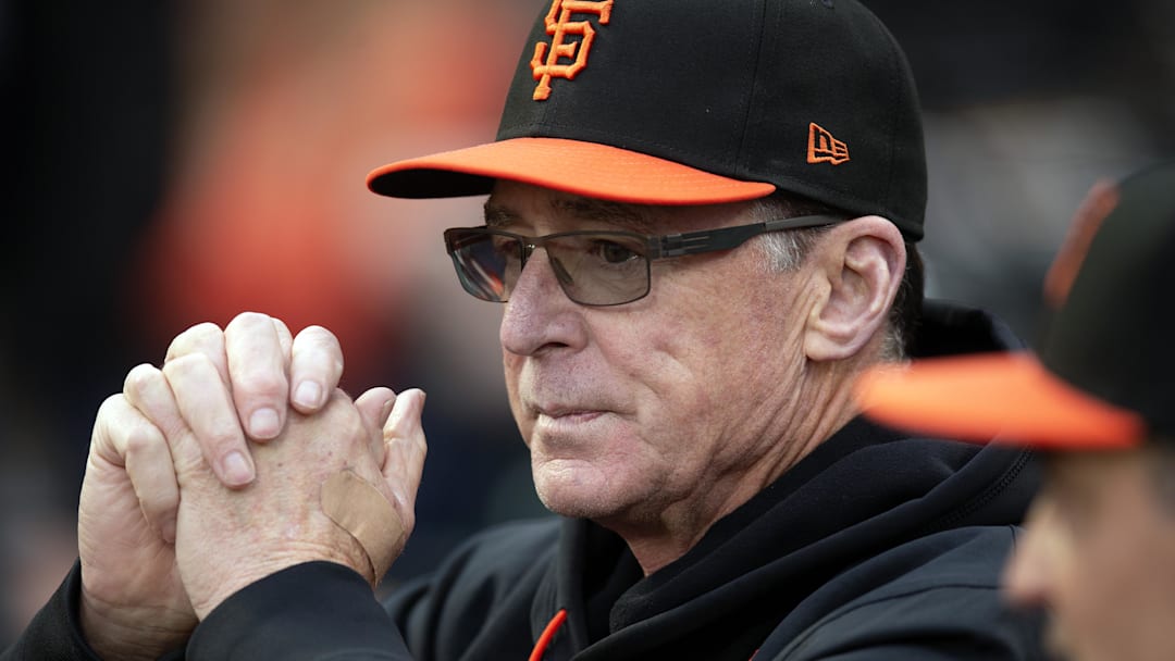 Apr 25, 2025; San Francisco, California, USA; San Francisco Giants manager Bob Melvin (6) watches his team take on the Texas Rangers during the first inning at Oracle Park. Apr 25, 2025; San Francisco, California, USA; San Francisco Giants manager Bob Melvin (6) watches his team take on the Texas Rangers during the first inning at Oracle Park.