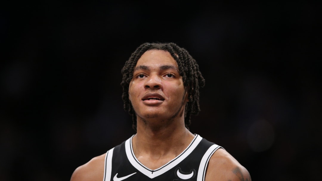 Apr 10, 2024; Brooklyn, New York, USA; Brooklyn Nets forward Noah Clowney (21) during the second quarter against the Toronto Raptors at Barclays Center. Mandatory Credit: Brad Penner-USA TODAY Sports