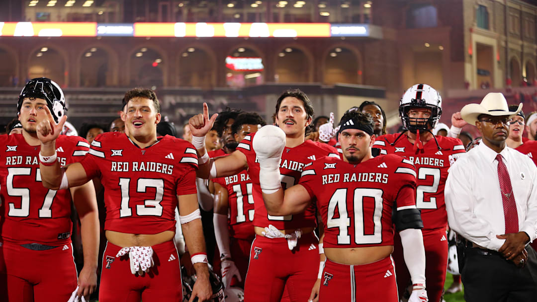 Members of the Texas Tech Red Raiders sing the school song after the game against the Arkansas-Pine Bluff. Mandatory Credit: Michael C. Johnson-Imagn Images