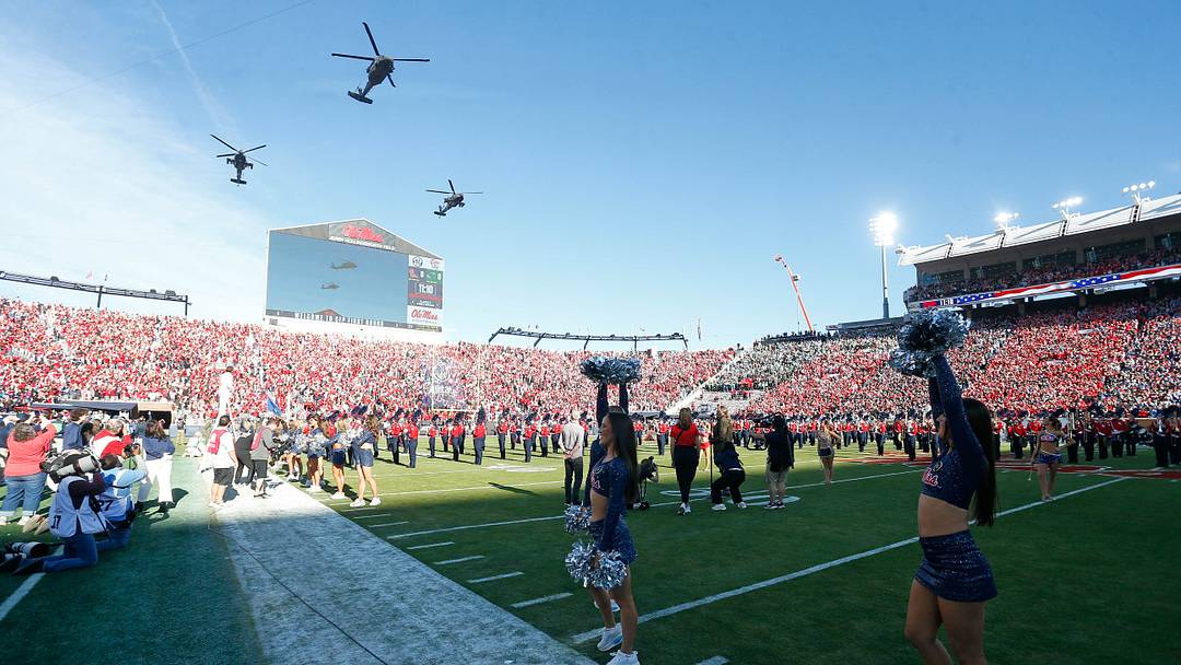 Dec 20, 2025; Oxford, MS, USA; A military flyover prior to the game between the Tulane Green Wave and the Mississippi Rebels at Vaught-Hemingway Stadium. Mandatory Credit: Petre Thomas-Imagn Images Dec 20, 2025; Oxford, MS, USA; A military flyover prior to the game between the Tulane Green Wave and the Mississippi Rebels at Vaught-Hemingway Stadium. Mandatory Credit: Petre Thomas-Imagn Images