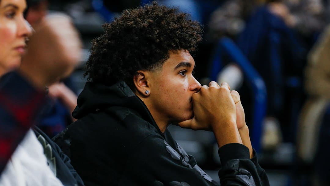 Gonzaga recruit Luca Foster watches the Bulldogs’ game against Northwest at the McCarthey Athletic Center.