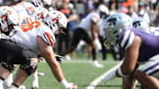 Sep 28, 2024; Manhattan, Kansas, USA; Oklahoma State Cowboys offensive lineman Joe Michalski (66) waits to snap the ball against the Kansas State Wildcats during the third quarter at Bill Snyder Family Football Stadium. Mandatory Credit: Scott Sewell-Imagn Images