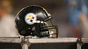 Oct 2, 2016; Pittsburgh, PA, USA;  A Pittsburgh Steelers helmet rests on an equipment trunk against the Kansas City Chiefs during the third quarter at Heinz Field. The Steelers won 43-14. Mandatory Credit: Charles LeClaire-Imagn Images