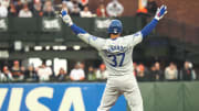 May 14, 2024; San Francisco, California, USA; Los Angeles Dodgers left fielder Teoscar Hernandez celebrates on base.