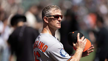 Aug 31, 2025; San Francisco, California, USA; Baltimore Orioles interim manager Tony Mansolino (36) stands for the national anthem before his team faces the San Francisco Giants at Oracle Park. Mandatory Credit: D. Ross Cameron-Imagn Images