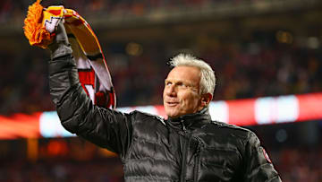 Jan 20, 2019; Kansas City, MO, USA; Kansas City Chiefs former quarterback Joe Montana during the AFC Championship game against the New England Patriots at Arrowhead Stadium. Mandatory Credit: Jay Biggerstaff-Imagn Images