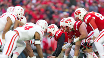 Nov 15, 2014; Madison, WI, USA; The Wisconsin Badgers offense lines up for a play during the game against the Nebraska Cornhuskers at Camp Randall Stadium.  Wisconsin won 59-24.  Mandatory Credit: Jeff Hanisch-Imagn Images