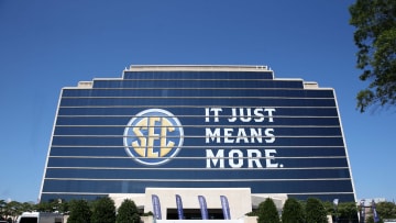 The Southeastern Conference logo is shown on the Hyatt Regency Birmingham-The Winfrey Hotel during SEC media days at Hyatt Regency Birmingham. Mandatory Credit: Jason Getz-USA TODAY Sports